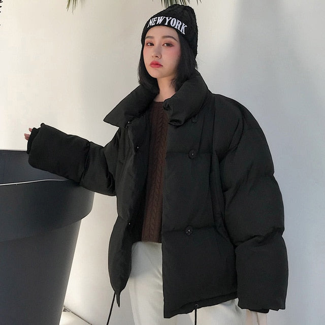 Korean Style 2019 Winter Jacket Women Stand Collar Solid Black