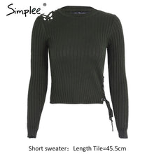 Load image into Gallery viewer, Simplee Sexy cold shoulder lace up knitting pullover Fashion black autumn winter sweater women Casual elastic streetwear jumper